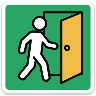 minimalistic icon of a white human figure walking through an open outlined door, viewed from the front, door with visible doorknob, solid green background, flat simple clean lines, high contrast sticker