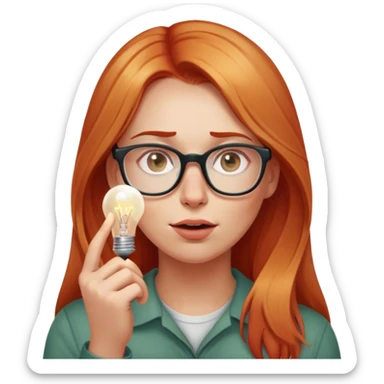 intelligent and clever, 30 year old, girl, long red and almost blond hair, glasses, has an idea, rubs her finger on the nose, light bulb over the head, casual cloth  sticker