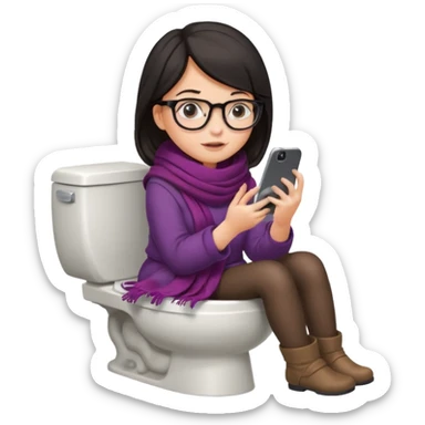 Fille châtain foncé avec lunettes. Elle porte une grosse écharpe. Elle est dans une cuvette de toilette. Téléphone en main. Realiste sticker