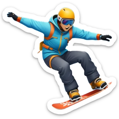 An icon showing a snowboarder performing an exciting jump on a snow-covered slope. The background features towering mountains, snow-covered trees, and a bright, clear sky. Transparent background highlights the speed, agility, and thrill of snowboarding. sticker