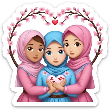 Four sister hugs Turkish girls beautiful finish Konya blue eyes with cherry blossom hijab and heart dress and hugs  sticker
