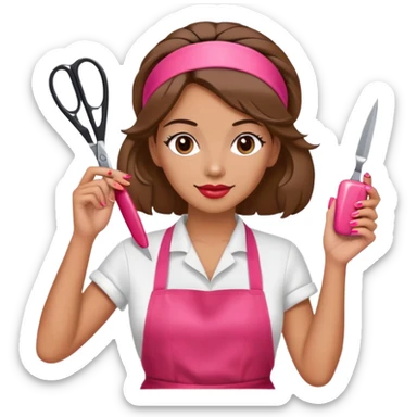 Woman with hair styled in headband, wearing red apron, holding pink nail polish in one hand and scissors in other hand, beauty salon worker sticker