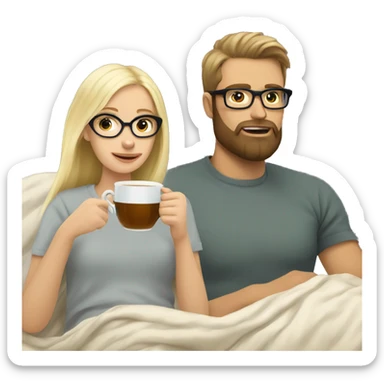 Pale blonde girl wearing glasses drinking tea under blanket with bearded brunette man sticker