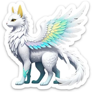 Ethereal Divine White Iridescent Colorful Exotic White, Gold, Yellow, Silver, Beaked Feathery Nocturnal Neon-glowing Abyssal Lightly Heaven-Cat-Gryphon-Suicune-Nargacuga-Silvally-Vernid-Sergal-Fakémon-Hybrid-Creature with tufted tail (full body) sticker