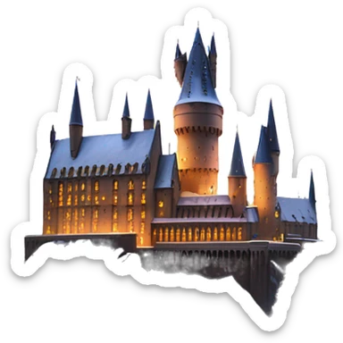 Hogwarts castle covered in snow, with warm lights glowing from the windows, creating a cozy, magical holiday scene sticker