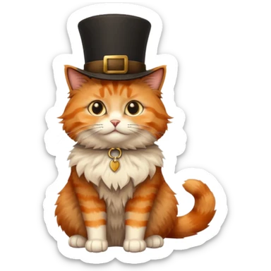 bright orange, black, and brown fluffy cat with a brown tophat, sitting sticker