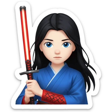 A 14 year old with red glowing katana and his hair be long and eye colour of blur sticker