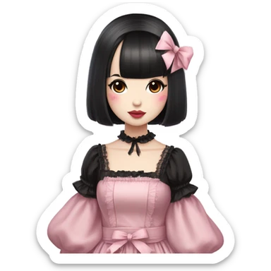 Japanese pale woman with short black hair and bangs, pink lips and eyeshadow, long eyelashes, brown eyes, pink Lolita dress with laces and ribbons, gothic Lolita doll look sticker