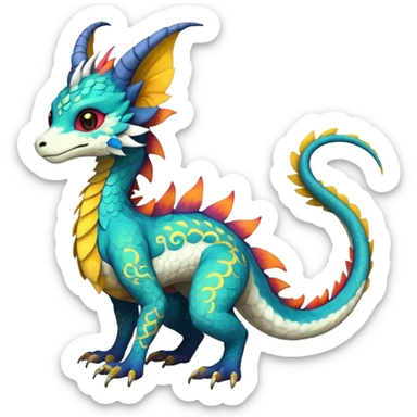 Beautiful pretty cool edgy elegant realistic Feral Rare Fantasy colorful vibrant Vernid-Trico-Haku-dragon-species-Fakemon-creature by LiLaiRa, random markings, tufted tail, tufted ears, full body sticker