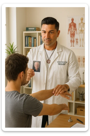a middle-aged man, dressed in casual professional attire, is in a bright, organized therapy studio. Durante una visita di kinesiologia, il ragazzo tiene con una mano la foto di una persona lontana (il “testimone”) tiene la foto in mano, mentre con l’altra mano esegue un test muscolare su un cliente presente senza foto lui non tiene la foto. Sullo sfondo si vedono libri di kinesiologia, poster anatomici e strumenti tipici della disciplina. L’atmosfera è concentrata e serena, con luce naturale che entra dalla finestra, sottolineando l’aspetto alternativo e umano della pratica. sticker