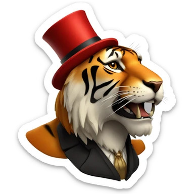 saber tooth tiger with red fur and long canine teeth with a top hat on top  sticker