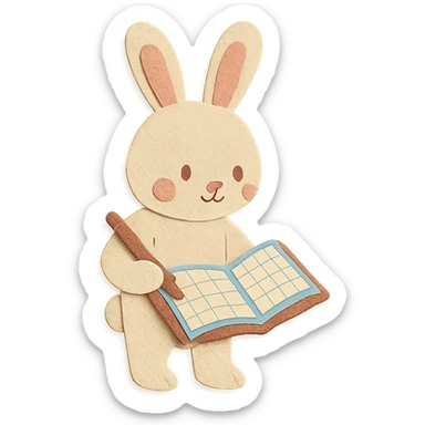 flawless, highly detailed, high quality paper craft style illustration of a cream-colored bunny standing and writing in a planner, perfect proportions, no imperfections, intricate textures, soft lighting, delicate cut-paper details sticker