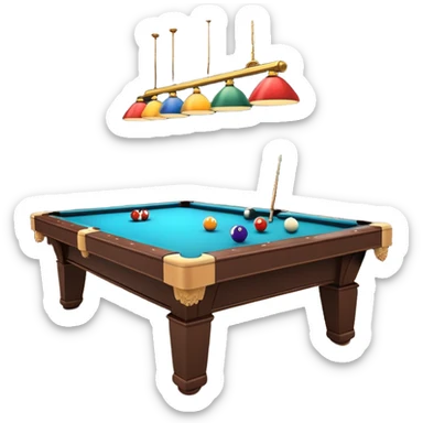 A well-arranged pool table with colorful billiard balls neatly placed, and a cue stick poised to take a shot. The setting is a dimly lit room with a focused atmosphere, highlighting the precision and strategy involved in the game of billiards. sticker