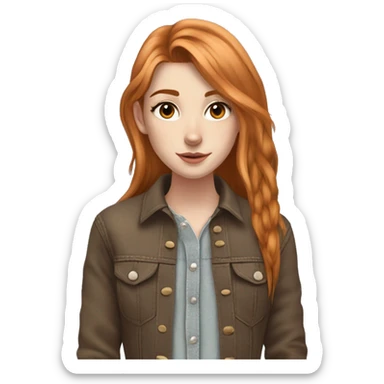 White fair skin, long hair, woman, feminine, straight hair in a wolf haircut, ginger coloured hair, grundge aesthetic, beautiful face, British, stylist, aesthetic, side bangs, front bangs, teen, full body, slim, she’s wearing a cowboy outfit sticker