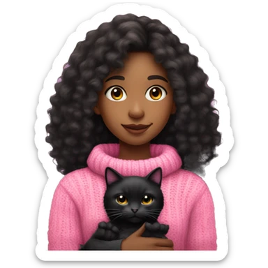 A black light skinned teenager girl with Long curly hair wearing a pink knit sweater and pink hat. The girl is holding a black fluffy cat sticker