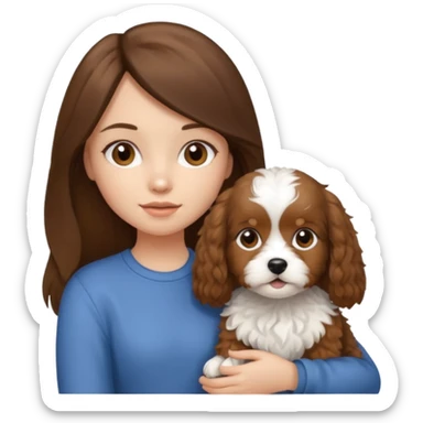 Make a girl with brunette/black straight long hair holding a cavapoo dog sticker