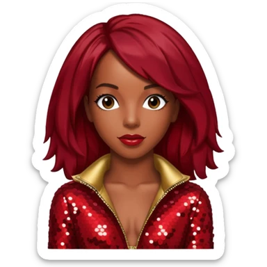 Kelly Rowland from Destiny's Child with dark red hair, red sequin outfit sticker