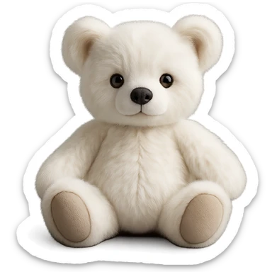 Change the teddy bear's fur to a realistic white color, keep soft lighting, and maintain a transparent background. The style should look realistic and natural with soft lighting effects. sticker