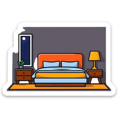 Cozy bedroom with bed, nightstand and lamp sticker