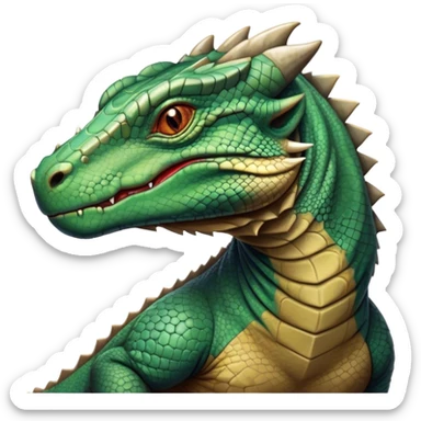 Cinematic Noble Komodo Dragon Lizard Portrait Emoji, Poised and regal, with a rugged, scaled body and powerful stance, deep-set intense eyes and textured, weathered skin, Simplified yet sharp and sophisticated features, highly detailed, glowing with a soft, ancient glow, high shine, intelligent and formidable, stylized with an air of primordial authority, focused and commanding, soft glowing outline, capturing the essence of a watchful and confident guardian that appears ready to stride out of the screen with timeless power! sticker