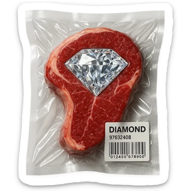 meat steak with sparkling diamond facets, glossy and puffy, vacuum-sealed style sticker