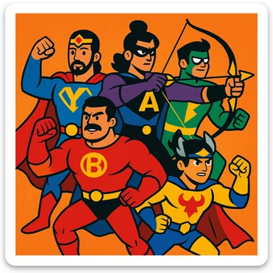 Pach Pandav, the five Pandava brothers, shown as modern superheroes, each with unique costumes inspired by their mythological traits, in a dynamic group pose sticker