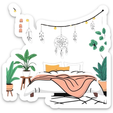 boho bedroom with hanging plants, dreamcatcher, fluffy rug, and string lights sticker