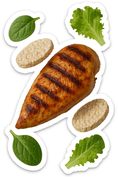 petto di pollo grigliato fluttua in aria insieme a gallette di riso e foglie di insalata, iperrealistico 4k sticker