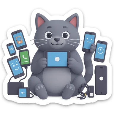 Change the cat to a gray cat, keep the IT theme, holding a smartphone, surrounded by tech gadgets, friendly expression, no background (transparent). sticker