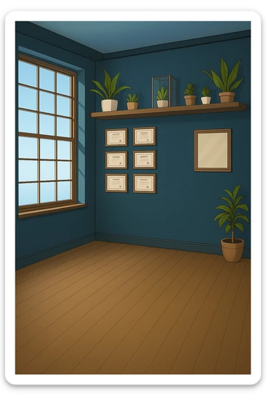 PRENDI SPUNTO DAI COLORI E DALLO STILE DELLA STANZA CON L'UOMO CON IL CAMICE E faMMI QUESTA STANZA VUOTA STILE MANGA/WEBTOON A COLORI SENZA LE PERSONE, SOLO LA STANZA. FALLA MOLTO PIù LUMINOSA, NON LUCI GIALLE sticker