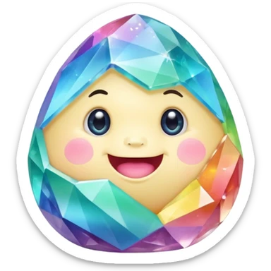 A single pastel rainbow crystal baby rock character, chubby and heavy with a chunky, irregular polygon shape, not egg-shaped, covered in faceted crystal planes and small chips, big glossy rainbow eyes and a small smiling mout sticker