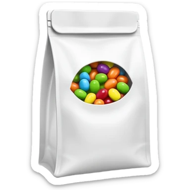 Extremely simplified half-open Skittles pouch with just a few green candies peeking out. Clean rainbow colored minimal design. sticker