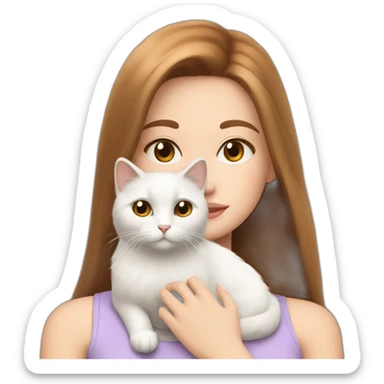 A girl with brown straight hair and on her left shoulder and neck lies a white fluffy cat with eyes of different colors sticker
