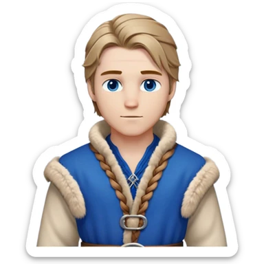 Medieval winter outfit worn by a DnD themed fantasy male character. Double-thick russet wool tunic with mink fur trim, featuring carved wooden toggles and a wide braided leather belt. Clothes only above the waist, full waist coverage. The character has no arms. Character is white-skinned with dark blonde hair, sapphire blue eyes, and medium-length straight hair touched by winter frost. sticker