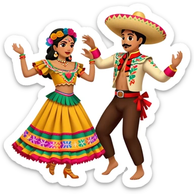 Cinematic Realistic scene of two performers dancing the Jarabe Tapatío, dressed in colorful traditional Mexican costumes with intricate embroidery, captured in energetic, festive motion with vibrant, celebratory lighting sticker
