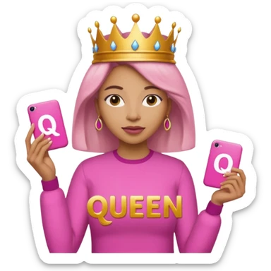 Crear una reina morena clara con ropa rosa sosteniendo la palabra Queen en sus manos sticker