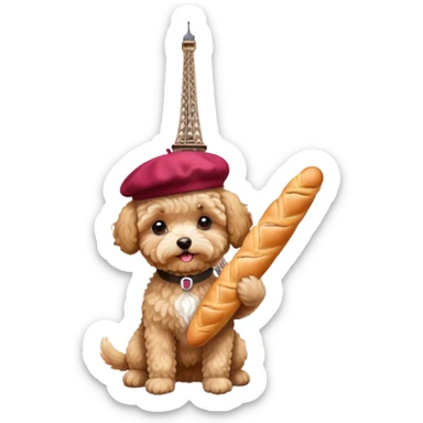 Tan maltipoo wearing a beret in Paris holding a baguette by the Eiffel Tower show the Eiffel Tower  sticker