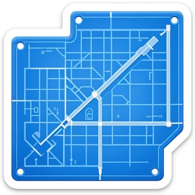 blue blueprint with a dashed line connecting a start point and a destination point sticker
