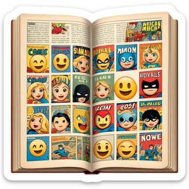 detailed and vintage-inspired emoji representing comic magazines and graphic novels as a storytelling art form. a large, open comic magazine with pages filled with classic American comic book panels. classic feel of old-school comic books a graphic novel. background transparent sticker