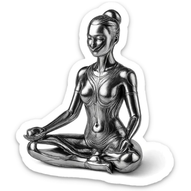 stylized chrome statue of a woman meditating in the lotus position, futuristic and polished sticker