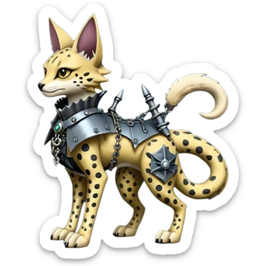 Epic complex detailed dark dusky gloomy deep gothic, realistic Fakémon-Sprigatito-Floragato-Meowscarada-Trico-Sergal-Serval-Vernid-creature (full body) with metal gears and metal knight collar sticker