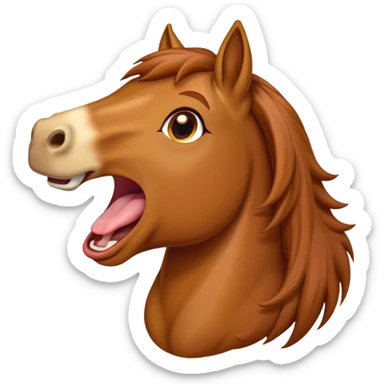 Cinematic Cute Yawning Chestnut Horse Portrait Emoji, Head tilted slightly with a dramatic, wide-open yawn, revealing a smooth chestnut fur with a subtle shimmer, floppy ears slightly drooping, round amber eyes barely open in drowsy contentment, Simplified yet irresistibly adorable features, highly detailed, glowing with a soft, cozy glow, high shine, relaxed yet expressive, stylized with a touch of equine whimsy, bright and endearing, soft glowing outline, capturing the essence of a sleepy yet affectionate horse, so drowsy it feels like it could stretch out of the screen and curl up for a nap! sticker