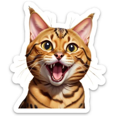 Cinematic Comical Bengal Cat Portrait Emoji, Head tilted dramatically while yawning exaggeratedly, sleek spotted brown and gold fur, Simplified yet hilariously adorable features, highly detailed, glowing with an almost sarcastic glow, high shine, a mix of lazy and curious, stylized with a touch of playful whimsy, bright and alert but with a comical expression, soft glowing outline, capturing the essence of a mischievous yet overly dramatic kitten, so meme-worthy it feels like it could leap off the screen and sarcastically demand attention, perfect for the internet's next viral meme! sticker