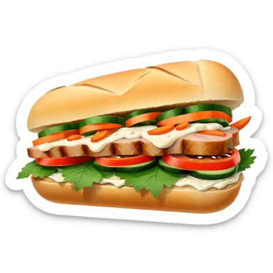 traditional banh mi with char grilled pork


    Very crusty baguette

    Mayo 

    Pickled carrot 

    Cucumber, coriander/cilantro, green onion, chilli 
 sticker