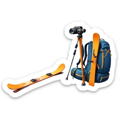  a snowy mountain peak in the landscape, with skis, a snowboard, an ice axe, a backpack and a camera. The icon should capture the adventure and exploration of mountain landscapes. Transparent background. sticker