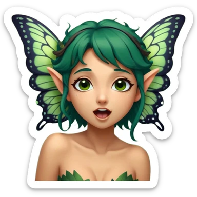 Cinematic Realistic Forest Nymph Fairy Portrait, head tilted slightly with a dramatic, wide-open yawn, revealing a tender, relaxed visage with finely detailed tanned skin and flowing, vine-adorned dark green hair gently framing her face. Her sleepy eyes exude a serene, dreamlike quality as soft natural sunlight filters through the canopy, showing her large butterfly wings from her back capturing the essence of a drowsy yet captivating forest nymph drifting into peaceful slumber. sticker