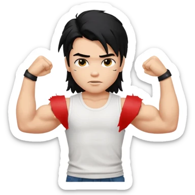 generate a pretty bratz boy with messy long mullet hair, sleeveless white tshirt, big biceps. Black hair sticker