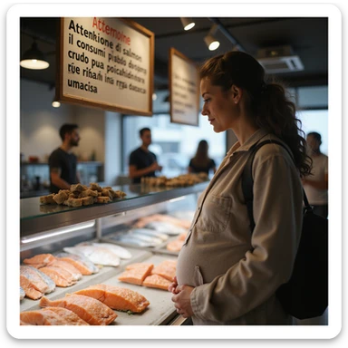 realistic pregnant woman in 4K observing the fish counter, the informational sign with the text: “Attenzione, il consumo di salmone crudo può comportare rischi in gravidanza” is in the foreground. sticker