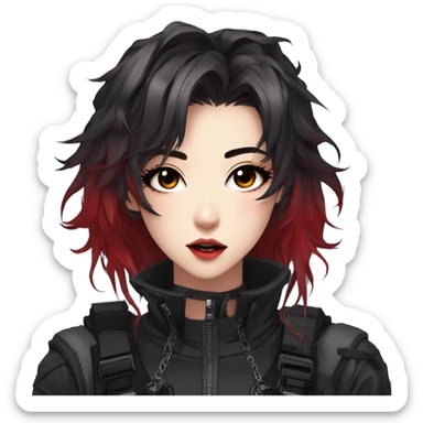Gorgeous techwear anime style lady with blushing face aesthetic and pretty edgy black red punk messy hair with collar and harness trending style sticker