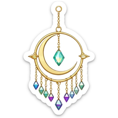 Hanging chained sun-catcher with iridescent crystal gemstones  and gold crescent  sticker